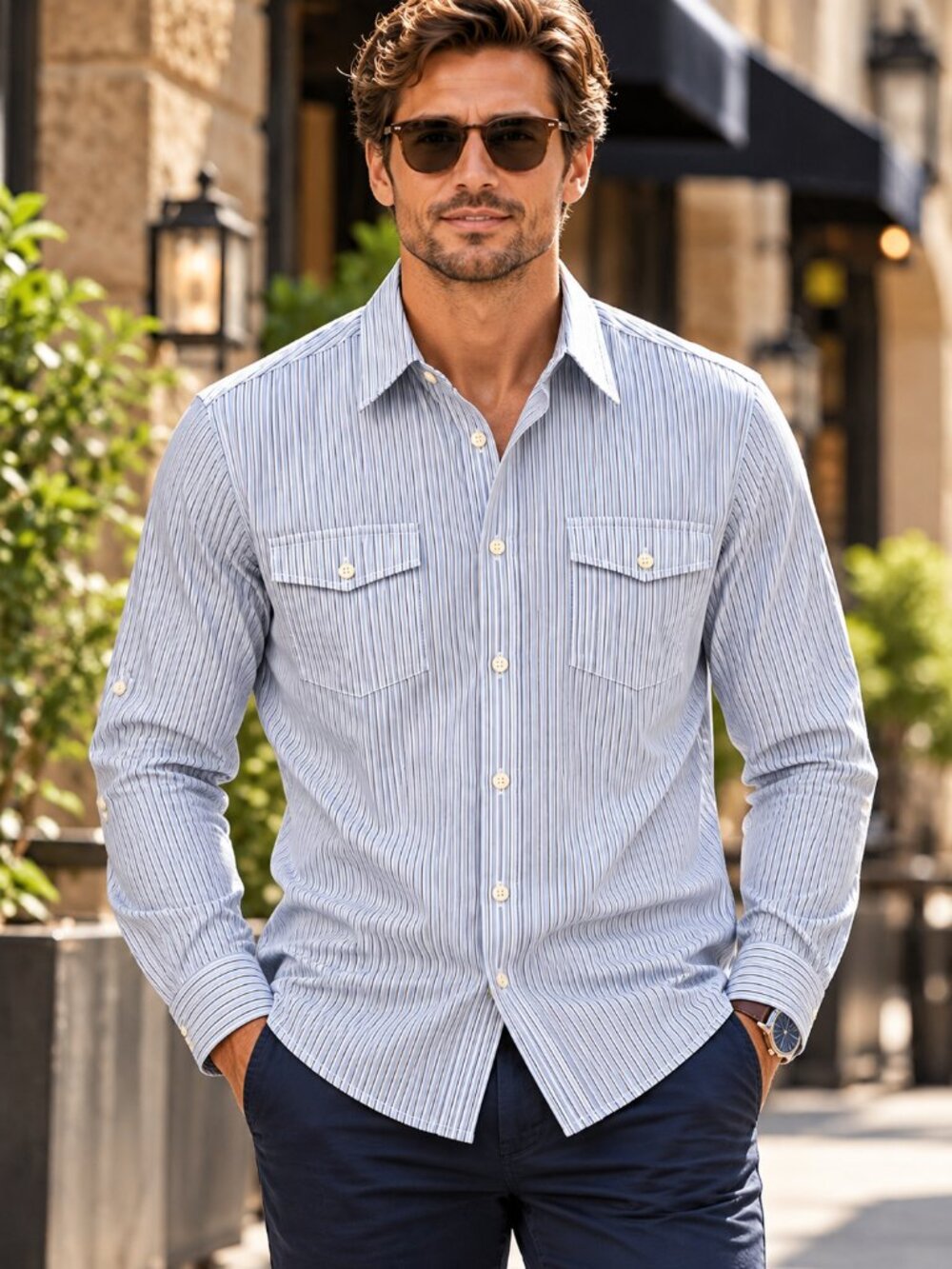 MURANO MODERN COMFORT SLIM FIT XL MEN’S SHIRT STRIPED LONG SLEEVE W/ ROLL TABS